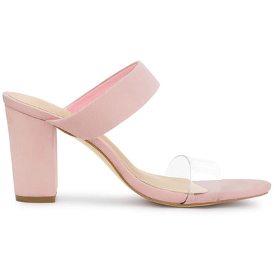 Open Toe Dual Clear Strap Block Heel Slides Mules Sandals