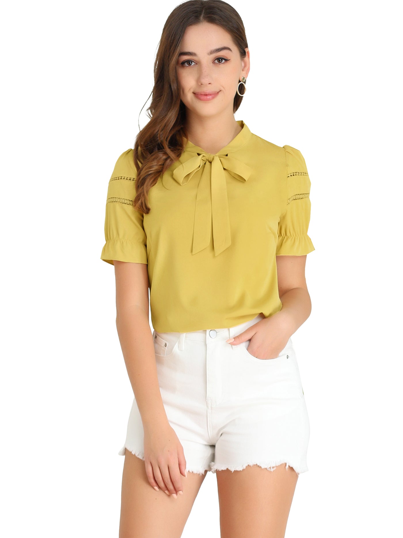 Allegra K Bow Tie Collar Short Sleeve Elegant Office Workwear Blouse