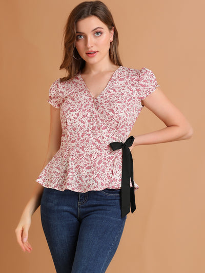 Floral Print V Neck Blouse Tie Waist Cap Sleeve Warp Peplum Top