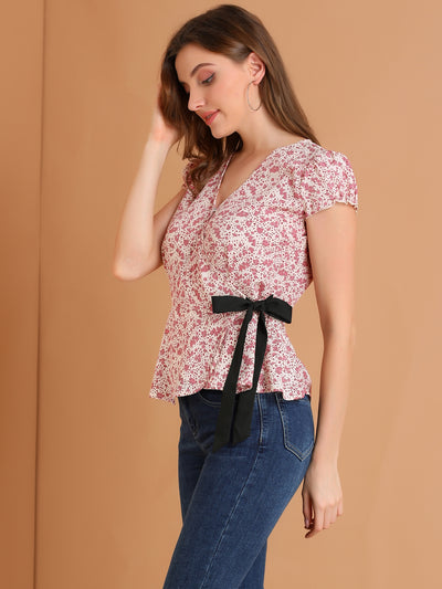 Floral Print V Neck Blouse Tie Waist Cap Sleeve Warp Peplum Top