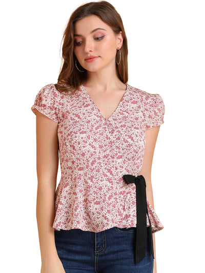 Floral Print V Neck Blouse Tie Waist Cap Sleeve Warp Peplum Top