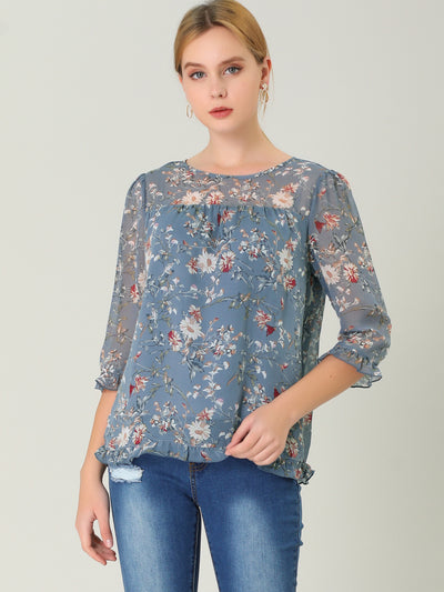 Casual Ruffle 3/4 Sleeve Floral Print Chiffon Blouse