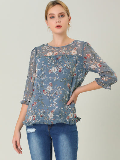 Casual Ruffle 3/4 Sleeve Floral Print Chiffon Blouse