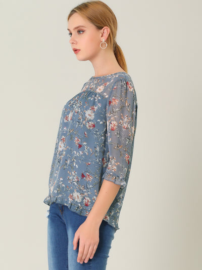 Casual Ruffle 3/4 Sleeve Floral Print Chiffon Blouse