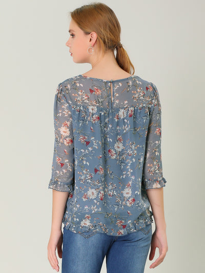 Casual Ruffle 3/4 Sleeve Floral Print Chiffon Blouse