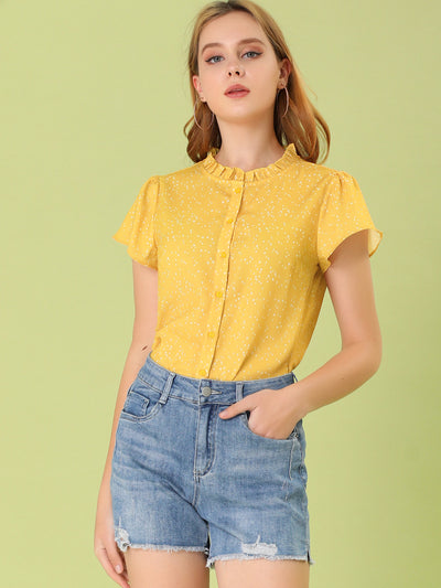 Ruffle Summer Dots Print Retro Short Sleeve Button Blouse