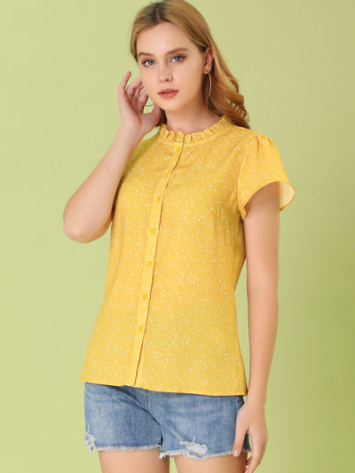 Ruffle Summer Dots Print Retro Short Sleeve Button Blouse