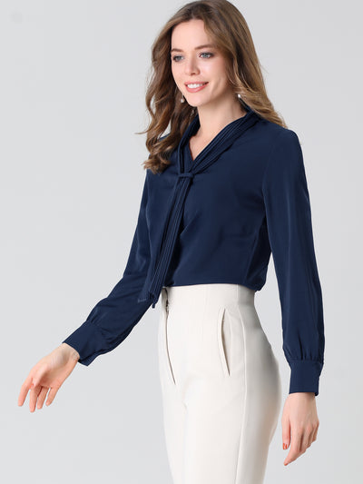 Long Sleeve Blouse Chiffon Pleated Tie Neck Office Top Shirt