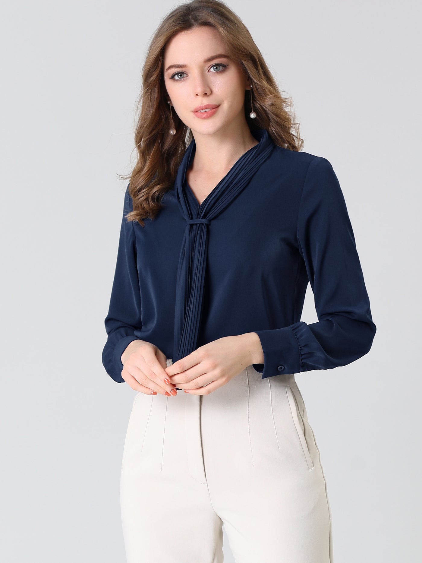 Allegra K Long Sleeve Blouse Chiffon Pleated Tie Neck Office Top Shirt