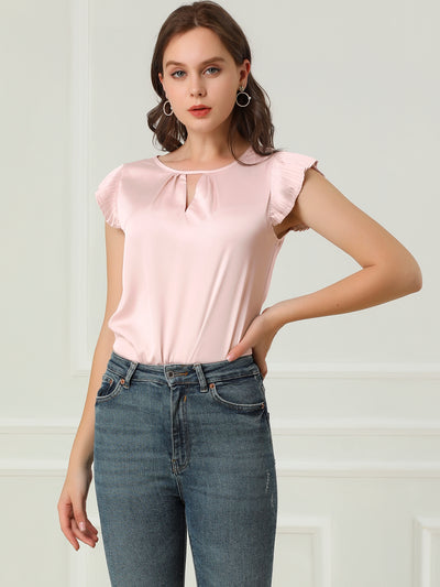 Satin Work Office Top Cut Out Keyhole Back Pleated Cap Sleeve Blouse