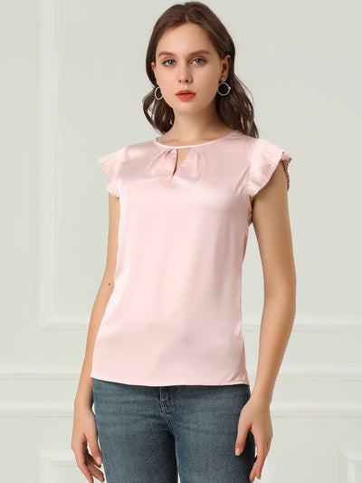 Satin Work Office Top Cut Out Keyhole Back Pleated Cap Sleeve Blouse