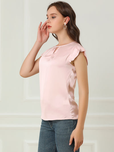 Satin Work Office Top Cut Out Keyhole Back Pleated Cap Sleeve Blouse