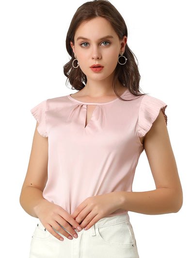 Satin Work Office Top Cut Out Keyhole Back Pleated Cap Sleeve Blouse