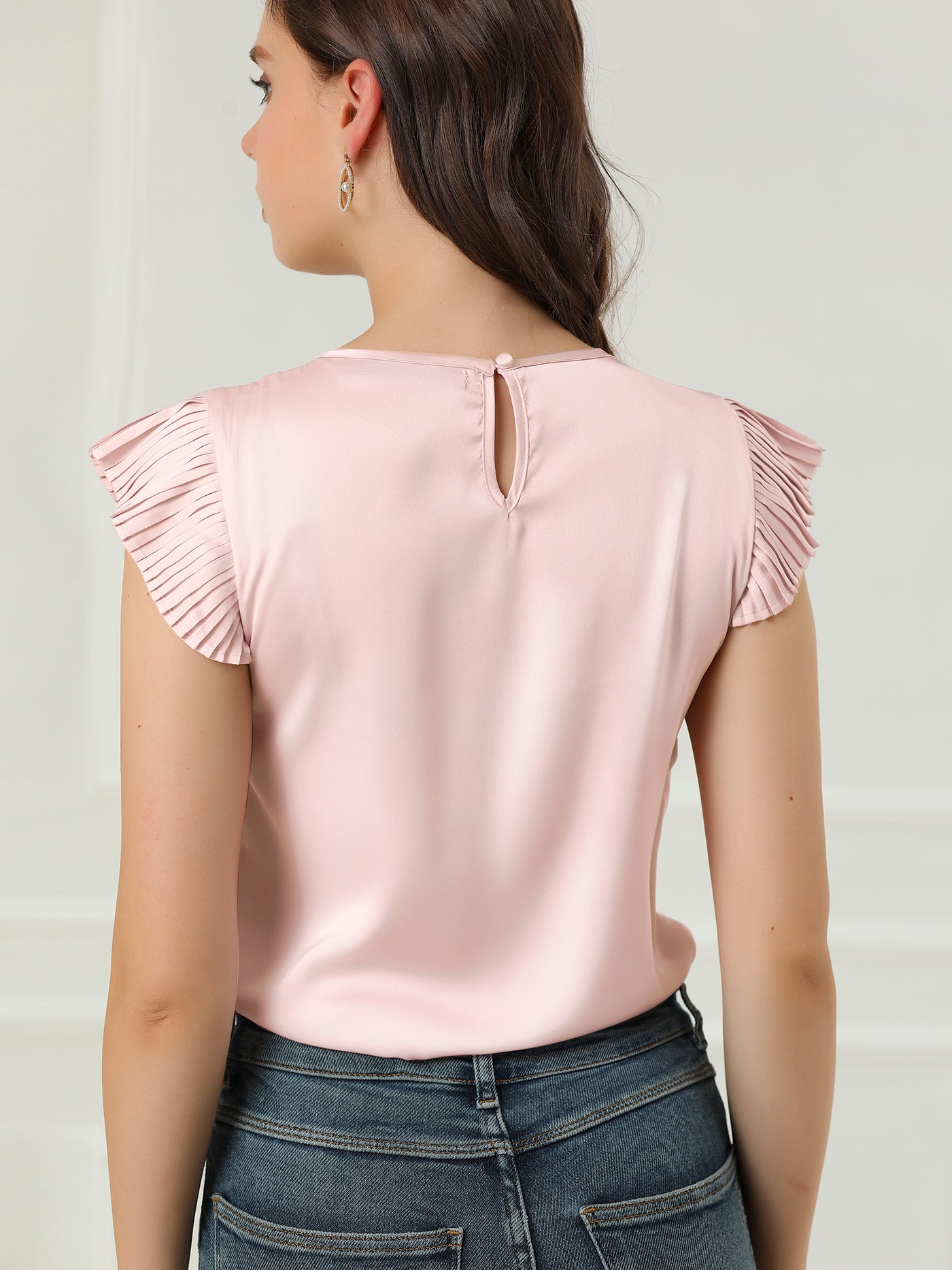 Allegra K Satin Work Office Top Cut Out Keyhole Back Pleated Cap Sleeve Blouse