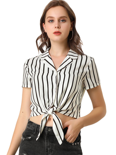 Striped Button Up Lapel Collar Top Short Sleeve Tie Front Crop Shirt