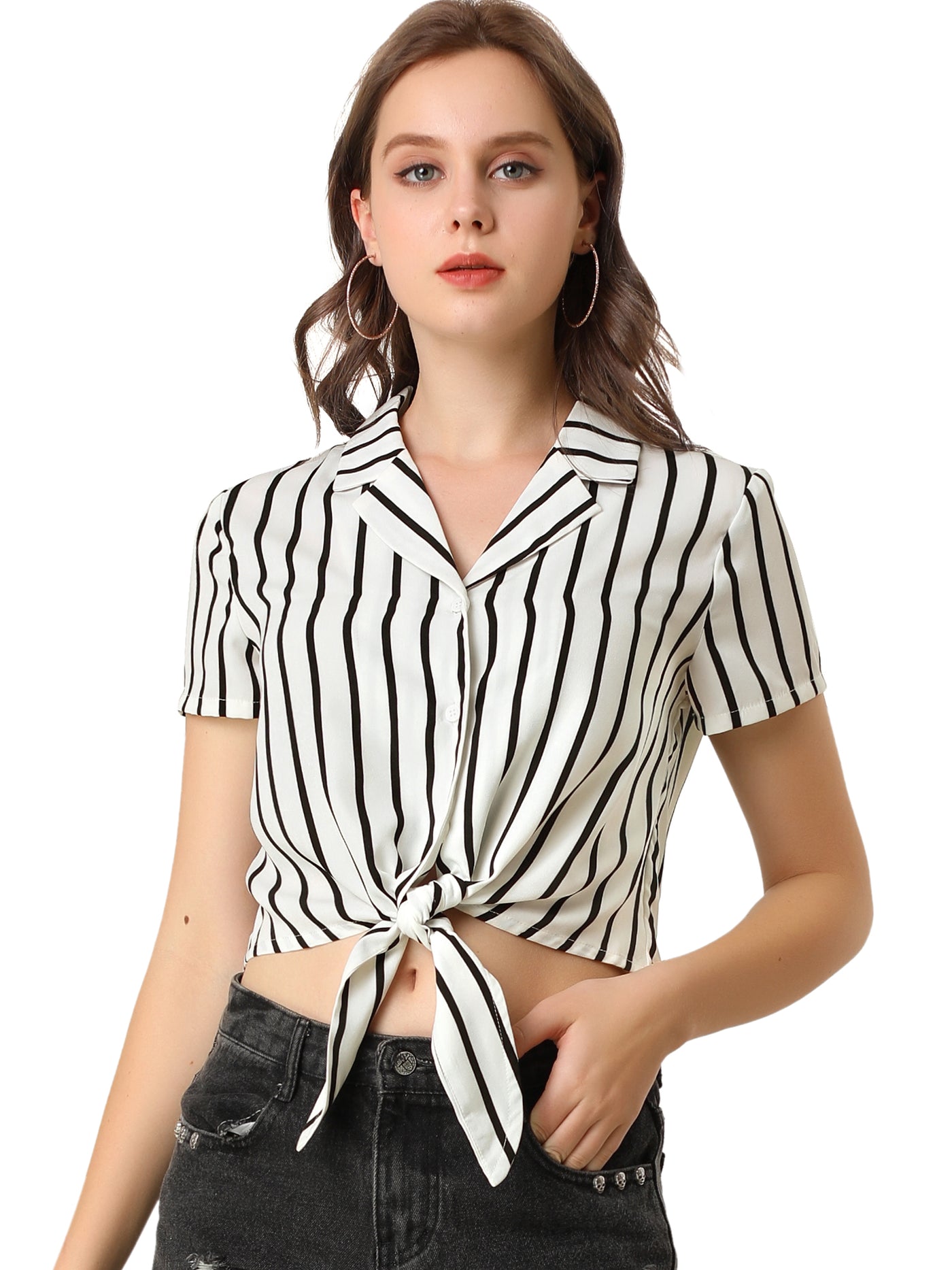 Allegra K Striped Button Up Lapel Collar Top Short Sleeve Tie Front Crop Shirt