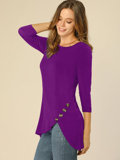 3/4 Sleeve Round Neck Button Decor Casual Stretchy Tunic Tops