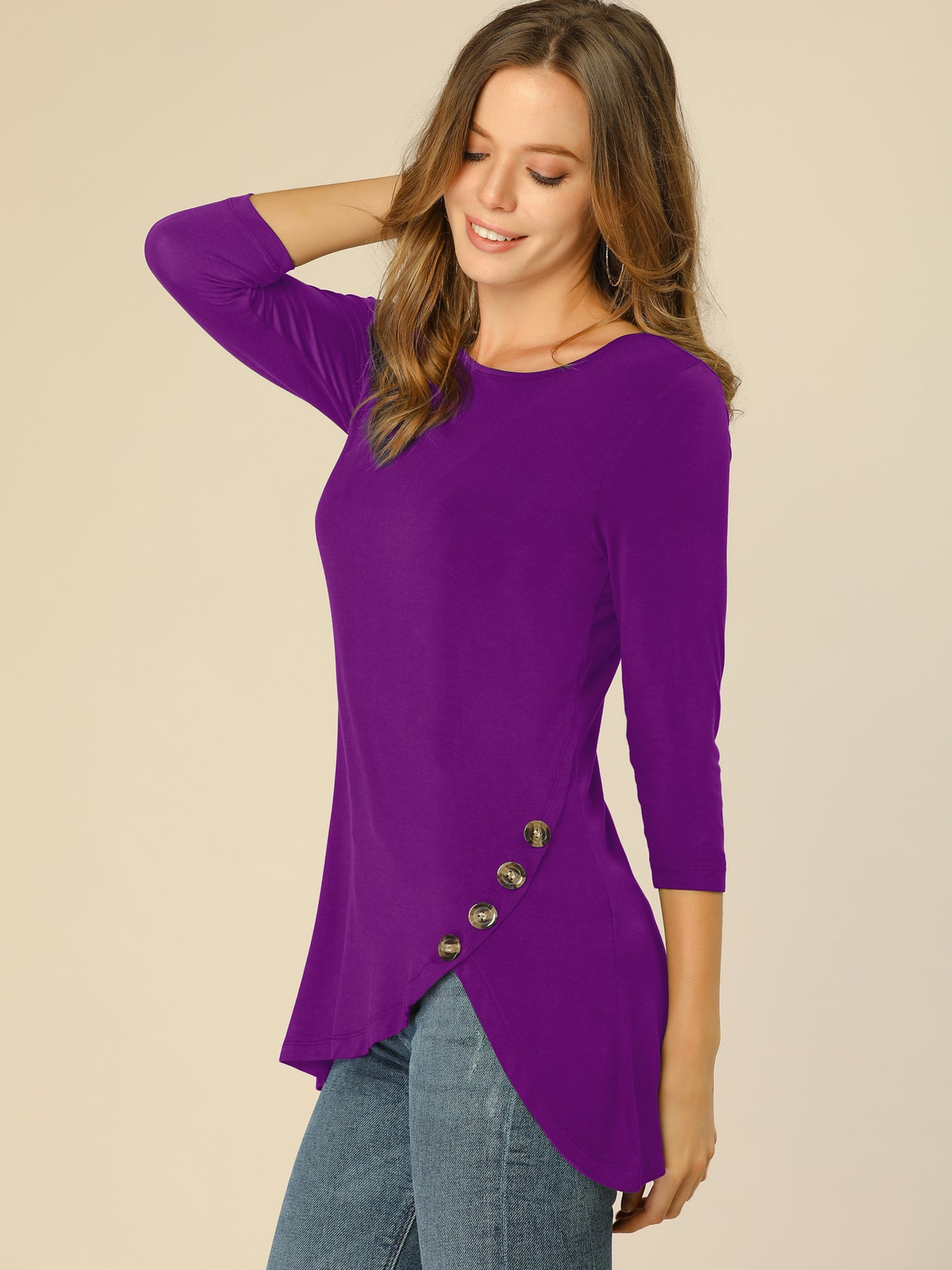 Allegra K 3/4 Sleeve Round Neck Button Decor Casual Stretchy Tunic Tops