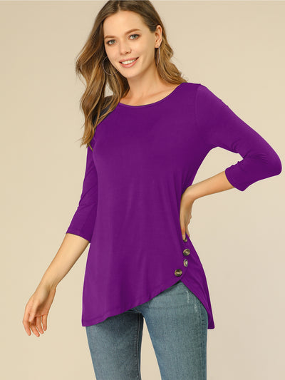 3/4 Sleeve Round Neck Button Decor Casual Stretchy Tunic Tops