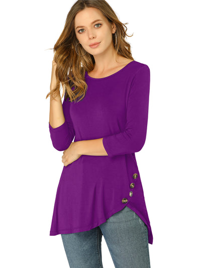 3/4 Sleeve Round Neck Button Decor Casual Stretchy Tunic Tops