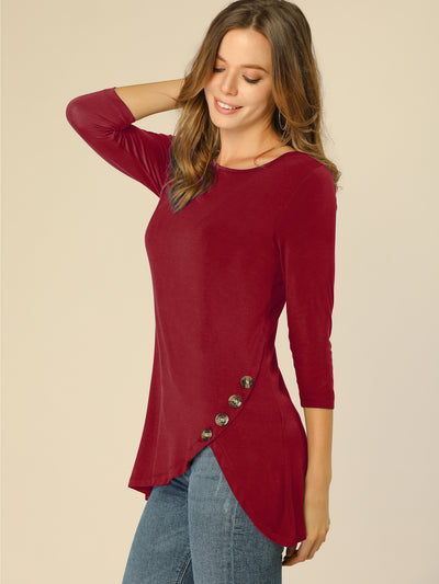 3/4 Sleeve Round Neck Button Decor Casual Stretchy Tunic Tops