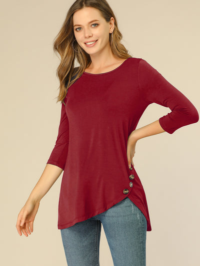 3/4 Sleeve Round Neck Button Decor Casual Stretchy Tunic Tops