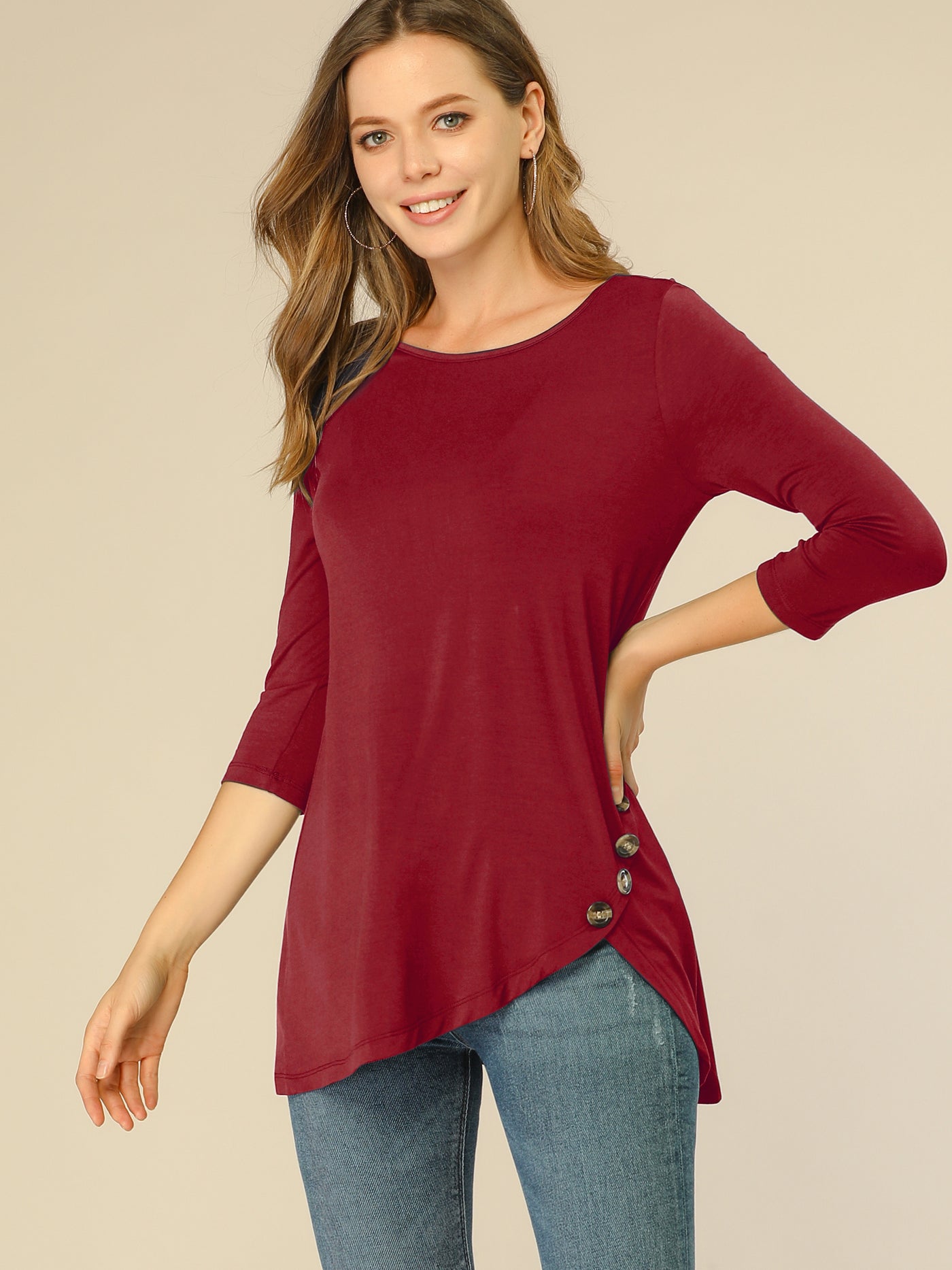 Allegra K 3/4 Sleeve Round Neck Button Decor Casual Stretchy Tunic Tops