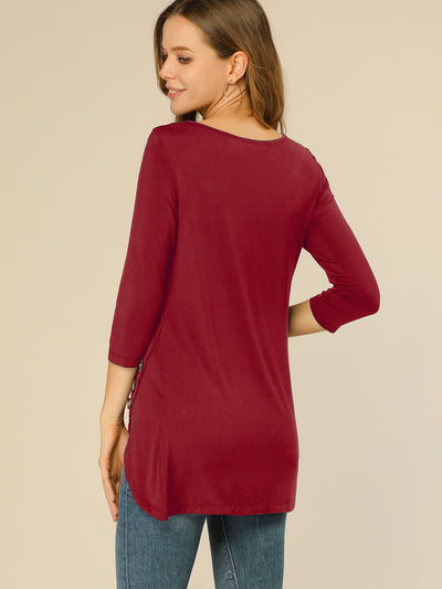 3/4 Sleeve Round Neck Button Decor Casual Stretchy Tunic Tops