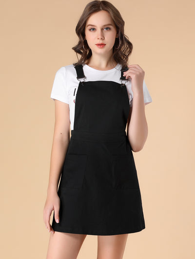 Adjustable Strap Suspender Skirt Pocket A-Line Pinafore Overall Dress