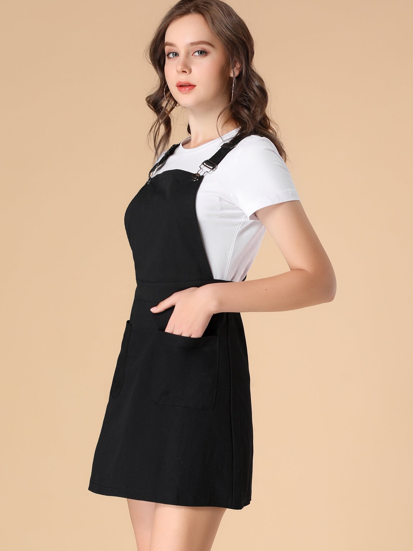 Allegra K Adjustable Strap Suspender Skirt Pocket A-Line Pinafore Overall Dress