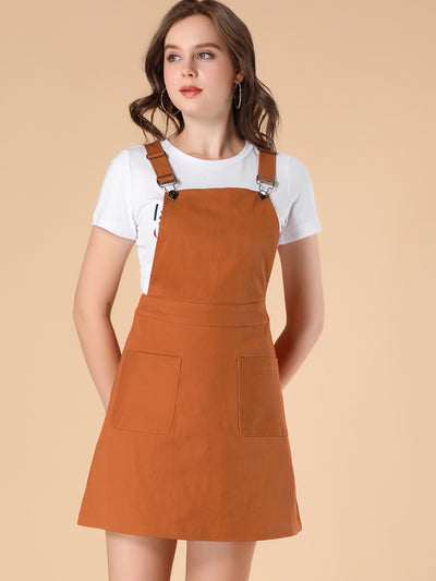 Adjustable Strap Suspender Skirt Pocket A-Line Pinafore Overall Dress