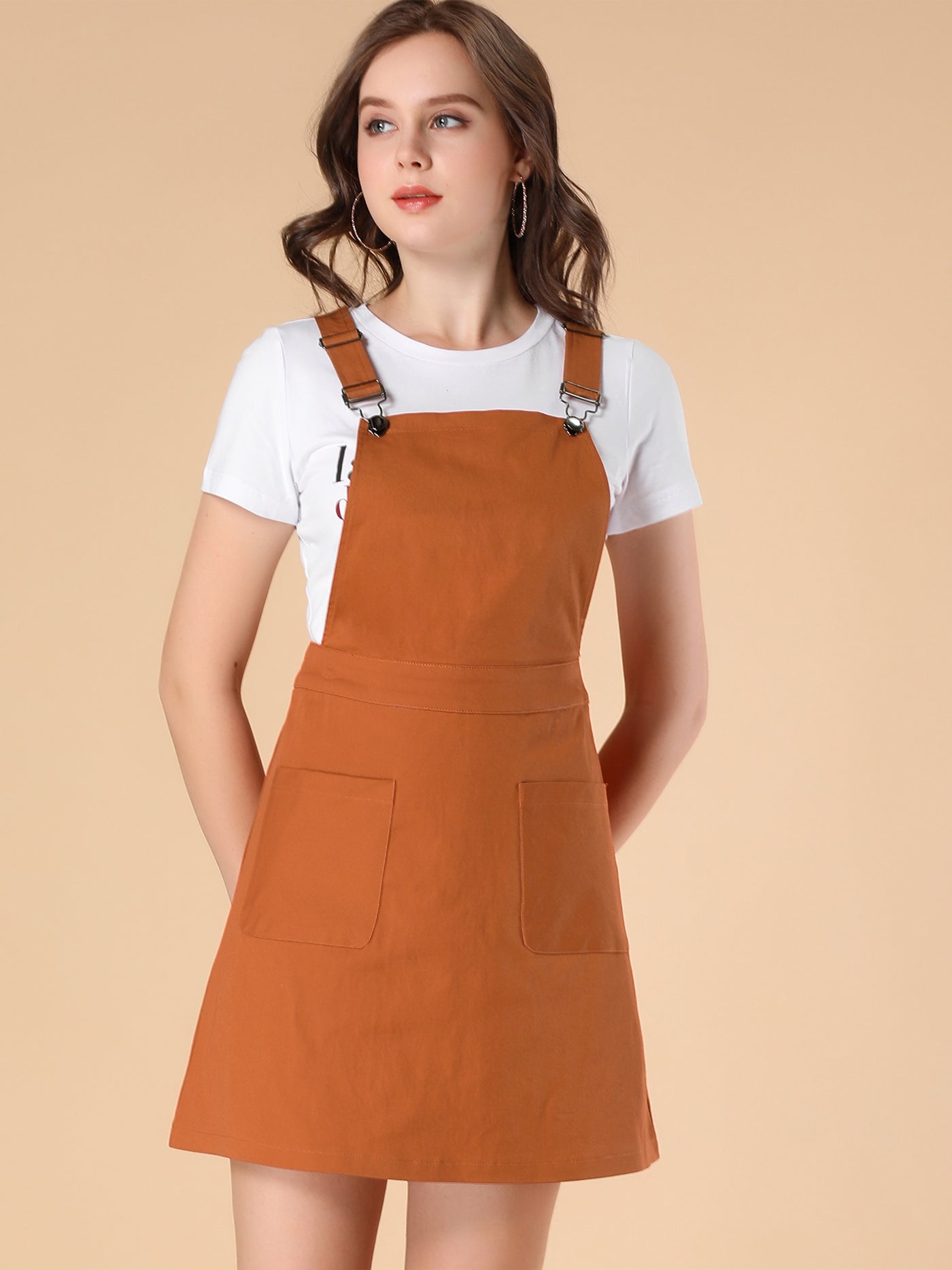 Allegra K Adjustable Strap Suspender Skirt Pocket A-Line Pinafore Overall Dress