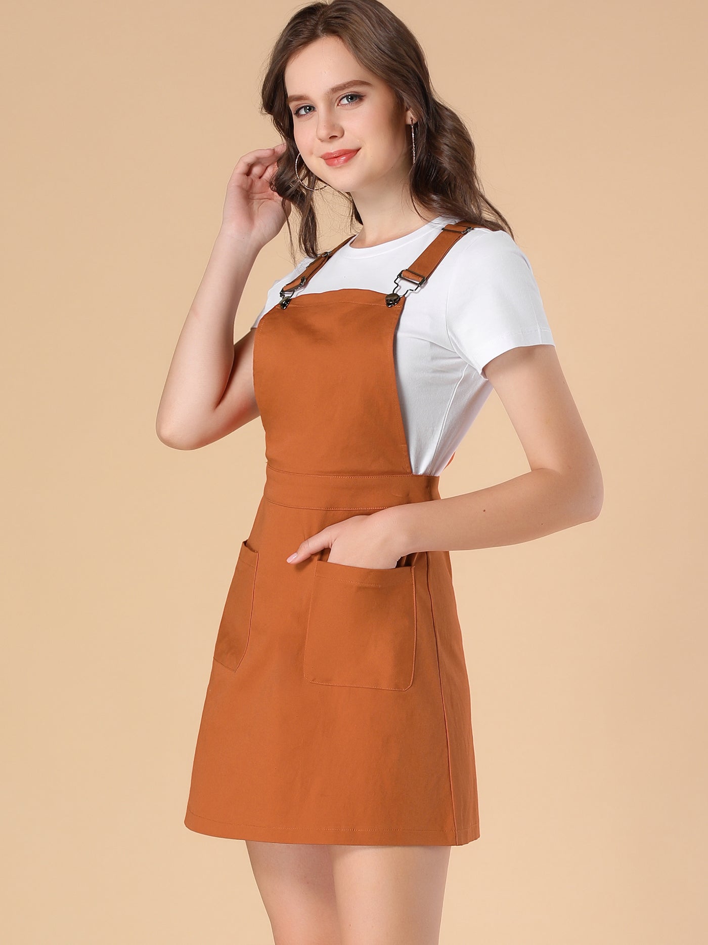 Allegra K Adjustable Strap Suspender Skirt Pocket A-Line Pinafore Overall Dress