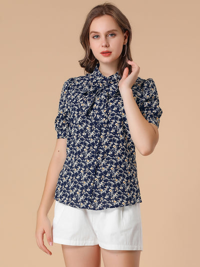 Work Button Down Short Sleeve Bow Tie Stand Collar Floral Blouse