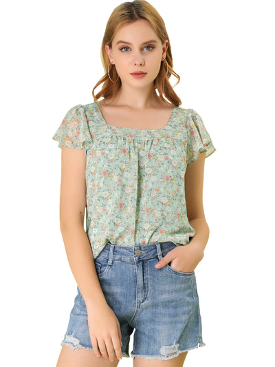 Chiffon Ruffle Sleeve Top Layered Vintage Ditsy Floral Blouse