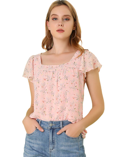 Chiffon Ruffle Sleeve Top Layered Vintage Ditsy Floral Blouse