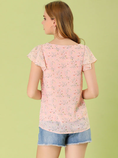 Chiffon Ruffle Sleeve Top Layered Vintage Ditsy Floral Blouse