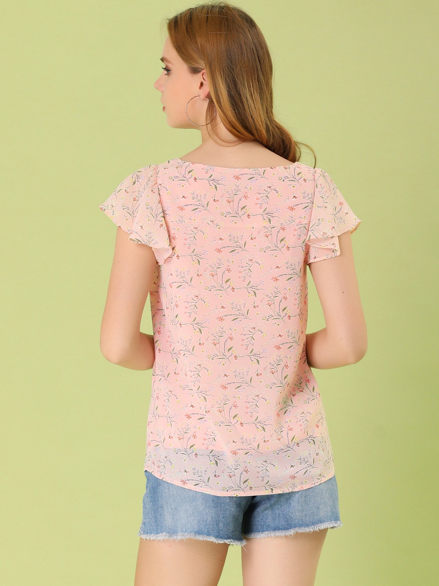 Allegra K Chiffon Ruffle Sleeve Top Layered Vintage Ditsy Floral Blouse