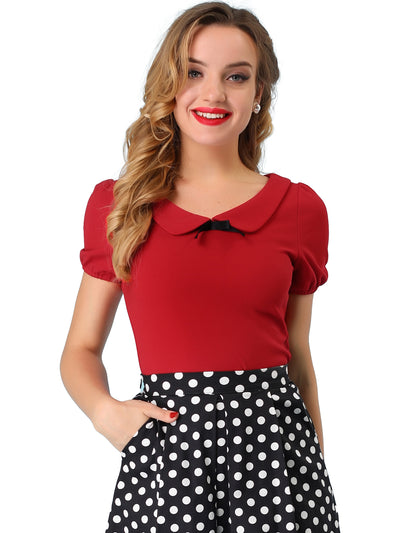 Bow Neck Solid Short Sleeve Peter Pan Collar Blouse