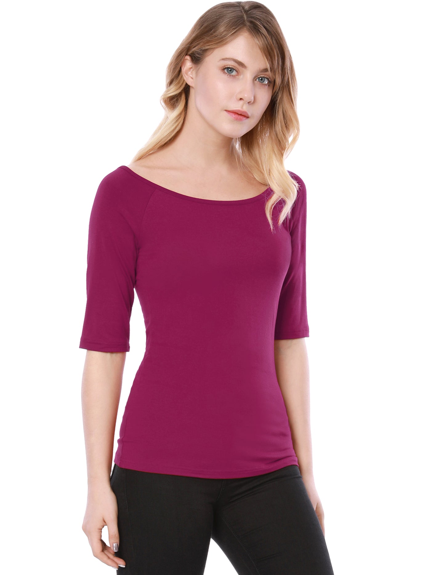 Allegra K Half Sleeve Scoop Neck Fitted Layering Top T-Shirt