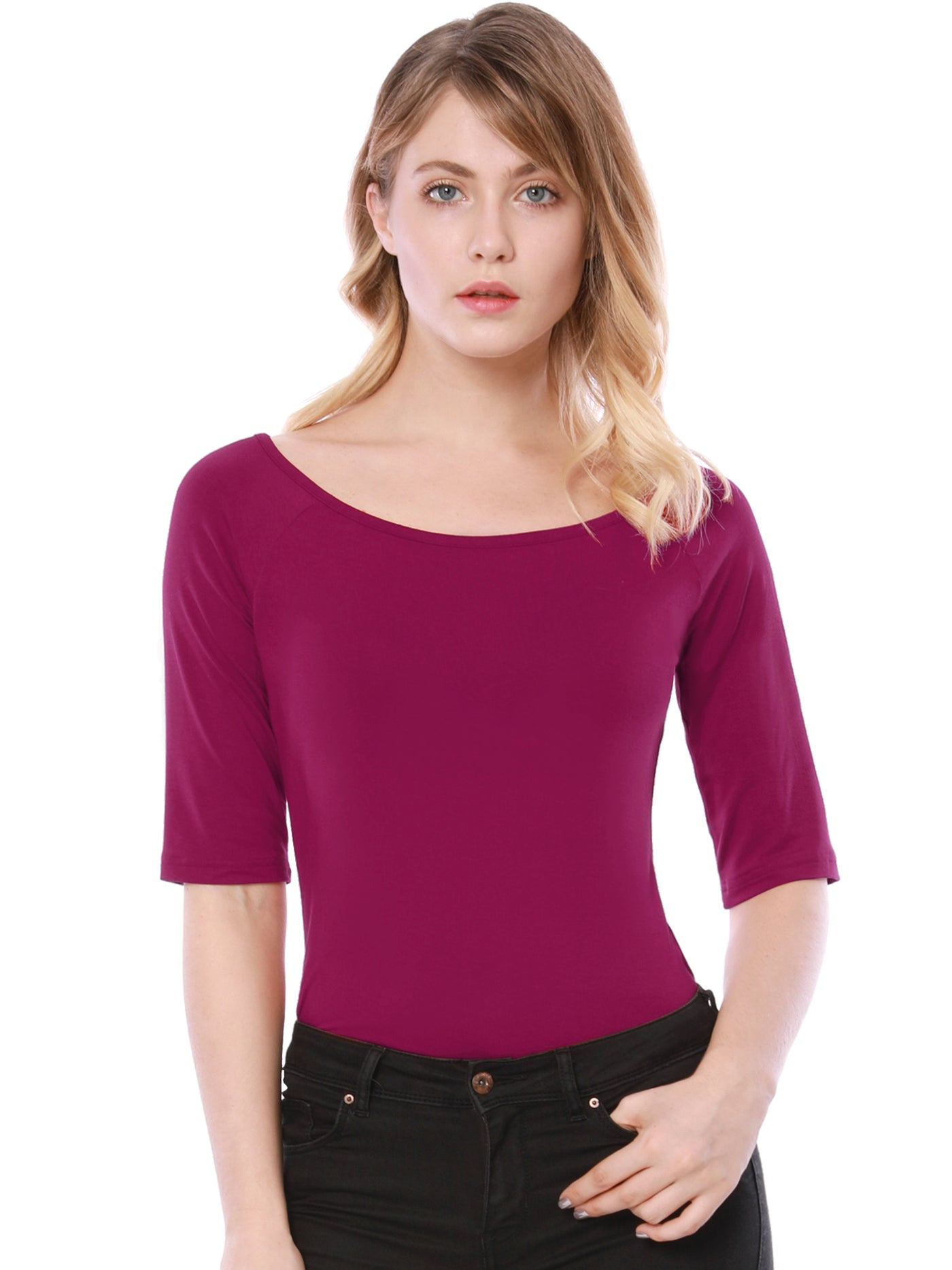 Allegra K Half Sleeve Scoop Neck Fitted Layering Top T-Shirt