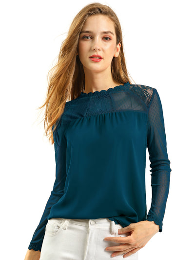 Lace Mesh Long Sleeve Top Round Neck Casual Elegant Blouse