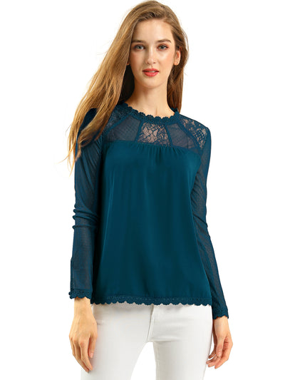 Lace Mesh Long Sleeve Top Round Neck Casual Elegant Blouse