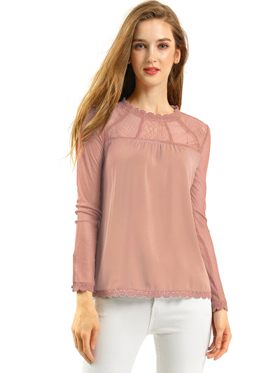 Lace Mesh Long Sleeve Round Neck Casual Elegant Blouse