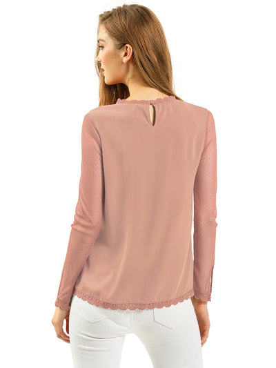 Lace Mesh Long Sleeve Round Neck Casual Elegant Blouse