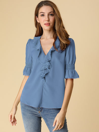 Ruffle Puff Sleeve Lace Trim Chiffon Peasant Blouse