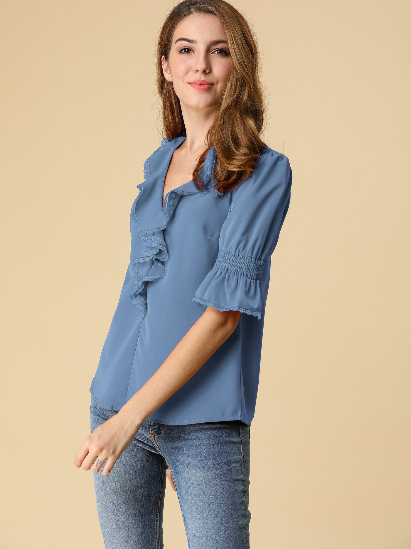 Allegra K Ruffle Puff Sleeve Lace Trim Chiffon Peasant Blouse