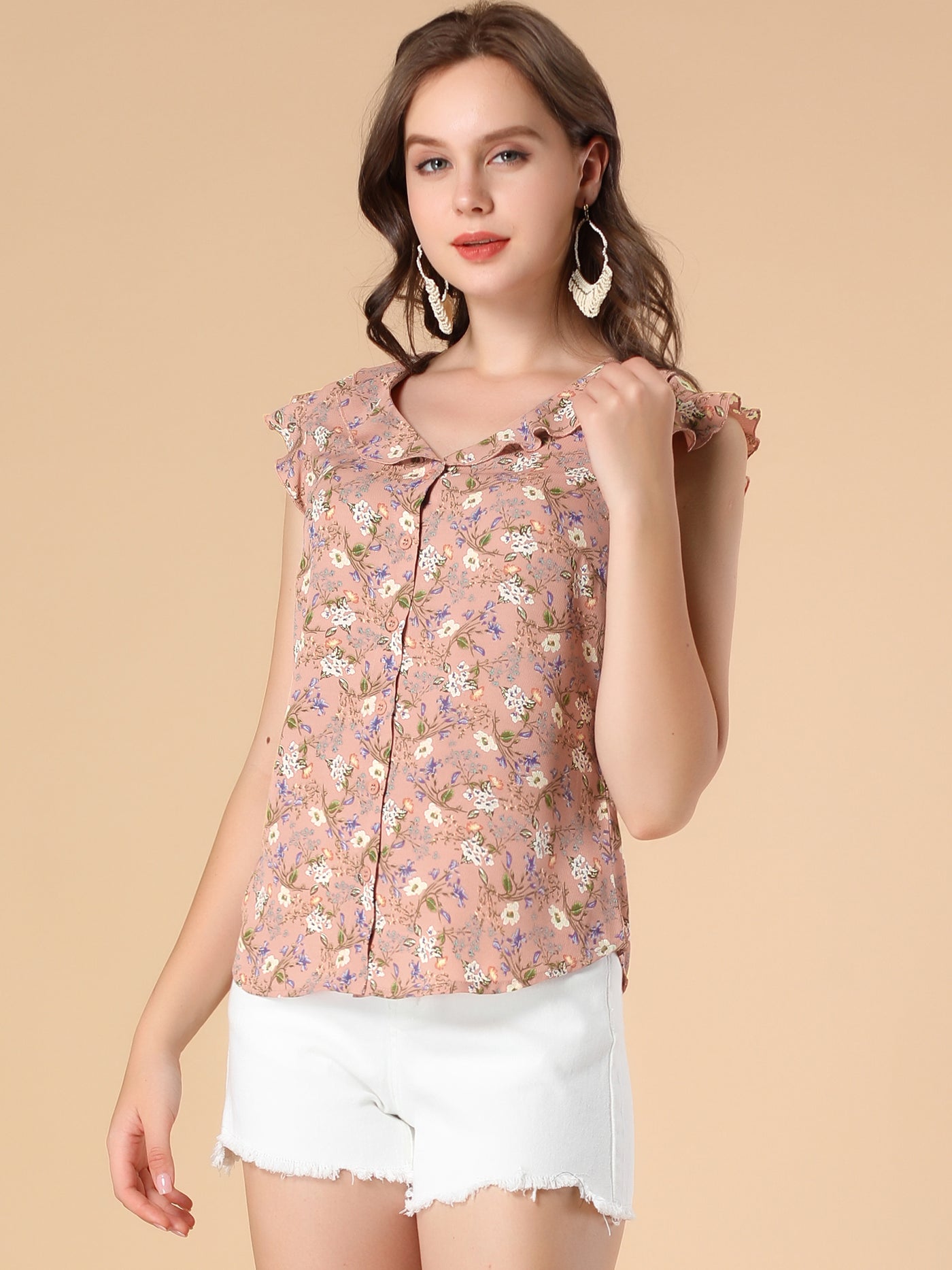 Allegra K Ruffle Sleeveless Button Up Shirt Floral Blouse