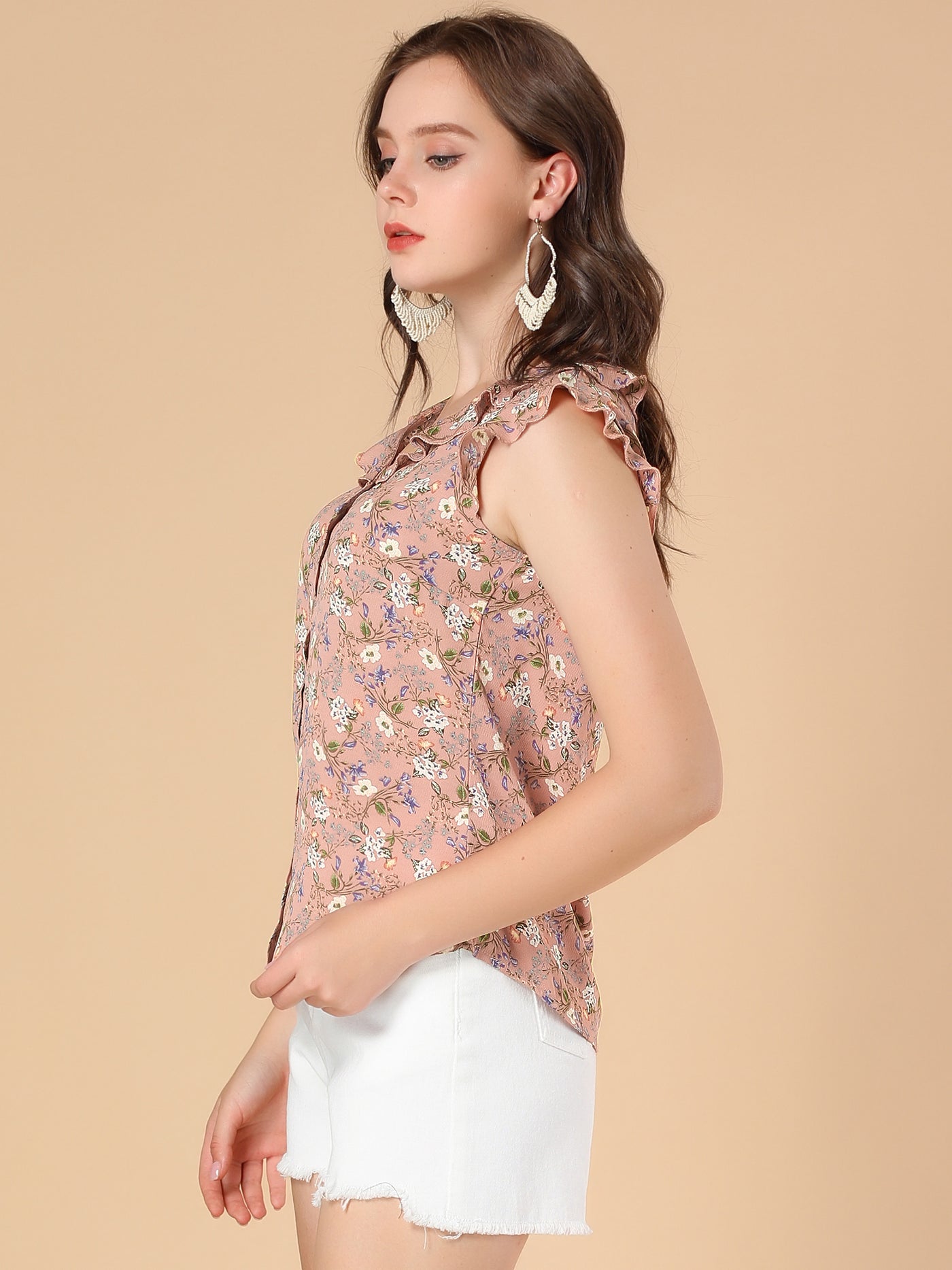Allegra K Ruffle Sleeveless Button Up Shirt Floral Blouse