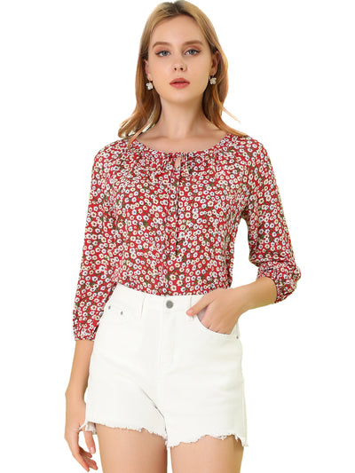 Bow Tie Neck 3/4 Raglan Sleeve Floral Blouse Tops